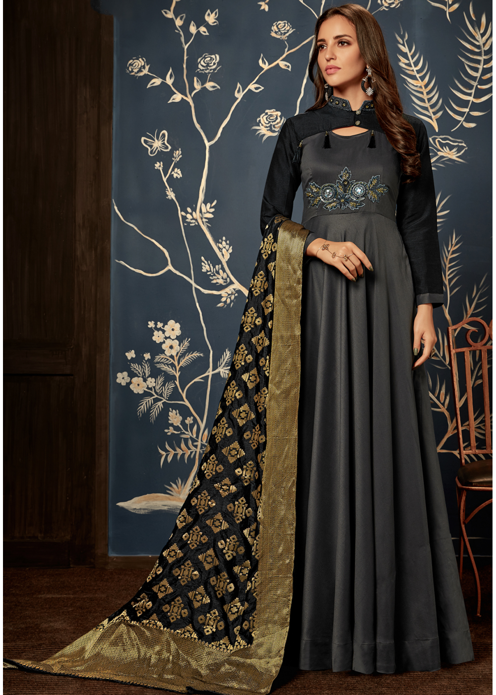 Black Color Party Wear Gown with Designer Dupatta :: ANOKHI FASHION