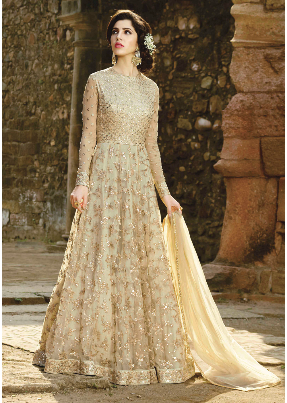 Cream Color Party Wear Designer Gown