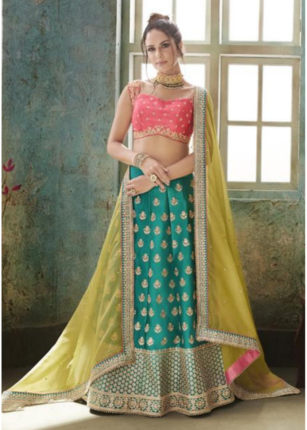 lehenga choli pink and green