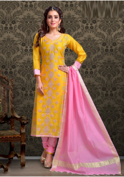 Yellow with Baby Pink Color Cotton Designer Chudidar