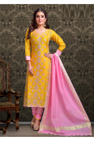Yellow with Baby Pink Color Cotton Designer Chudidar