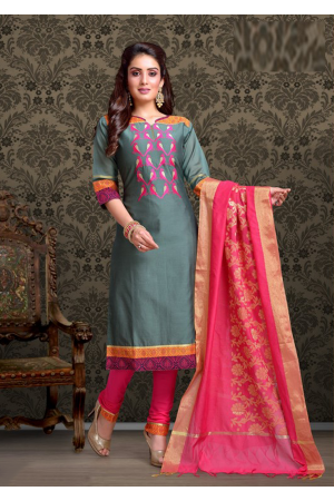 Grey with Fuschia Color Cotton Designer Party Wear Suit