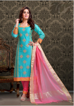 Aqua Blue with Pink Color Cotton Designer Party Wear Suit