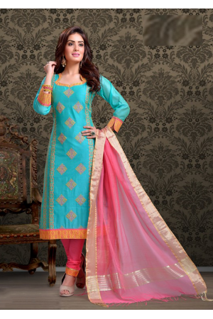 Aqua Blue with Pink Color Cotton Designer Party Wear Suit