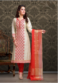 Beige with Red Color Cotton Designer Suit