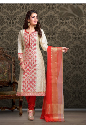 Beige with Red Color Cotton Designer Suit