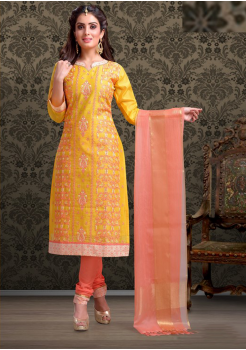 Yellow with Peach Color Cotton Designer Suit