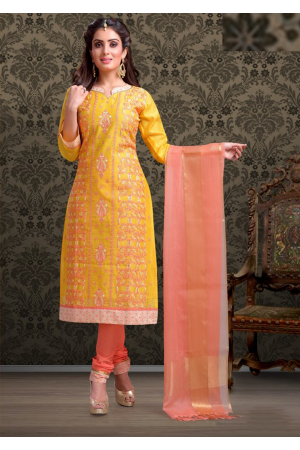 Yellow with Peach Color Cotton Designer Suit