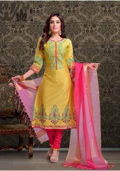 Yellow with Rani Pink Color Designer Chudidar