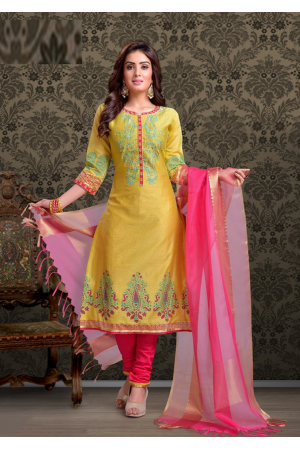 Yellow with Rani Pink Color Designer Chudidar