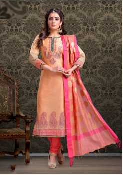 Peach with Dark Pink Color Cotton Designer Suit