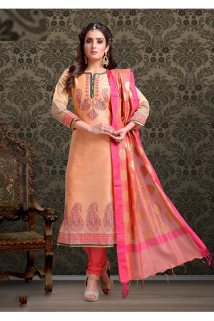 Peach with Dark Pink Color Cotton Designer Suit