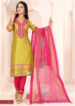 PARROT GREEN COLOR CHANDERI SILK EMBROIDERY WORK DESIGNER STRAIGHT CUT CHUDIDAR