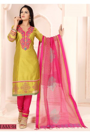 PARROT GREEN COLOR CHANDERI SILK EMBROIDERY WORK DESIGNER STRAIGHT CUT CHUDIDAR