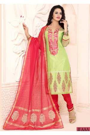 GREEN COLOR CHANDERI SILK STRAIGHT CUT CHUDIDAR