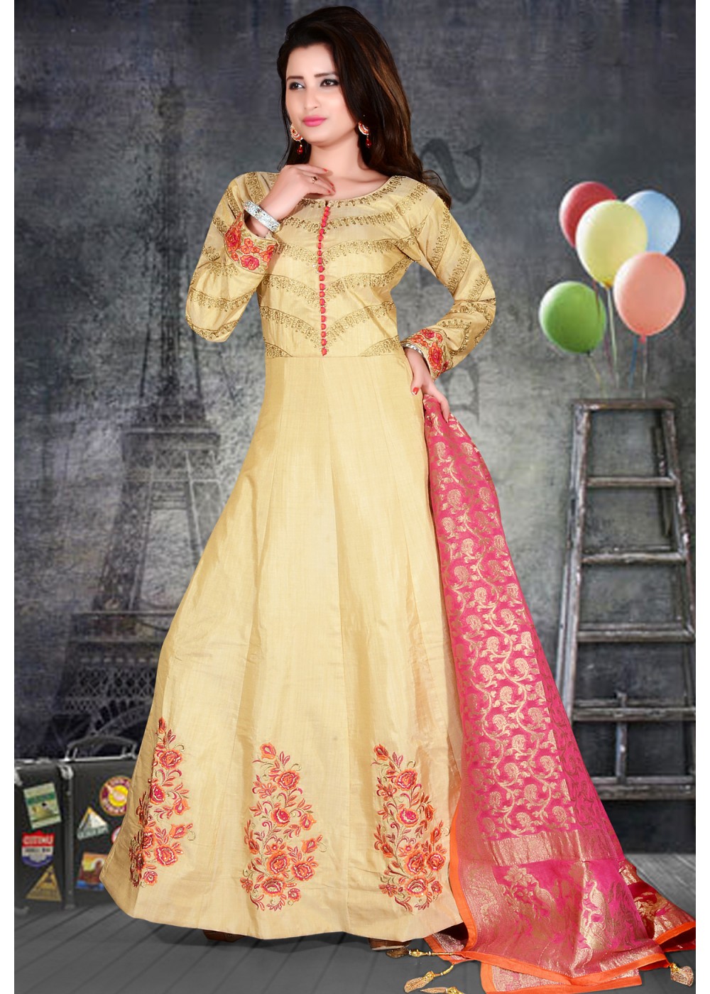 Miraya Pink Silk Party Gown 226-PNK – indiinside