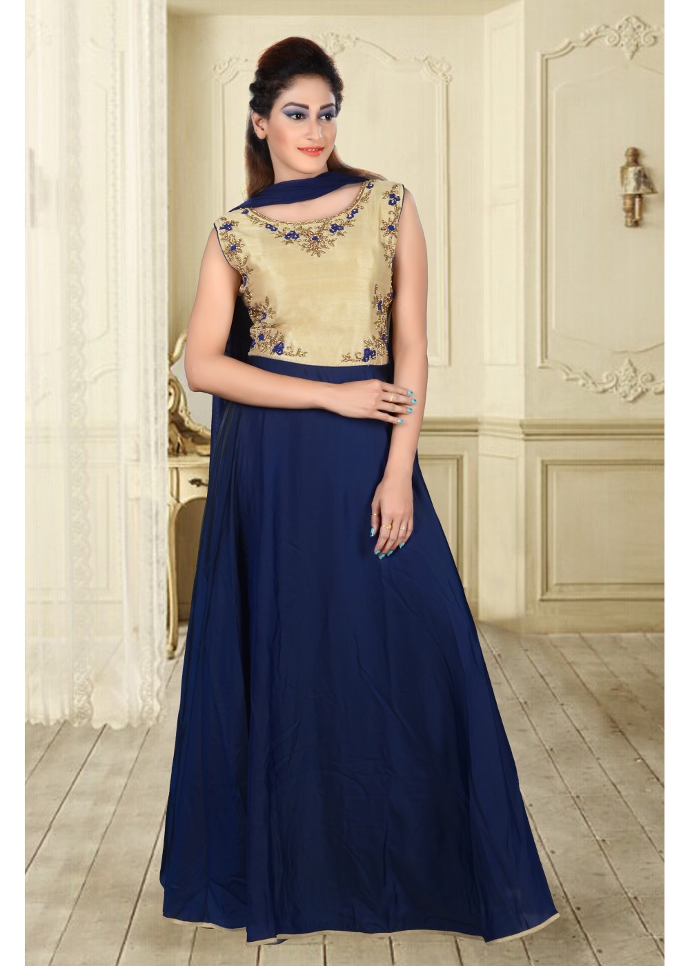 navy blue gown with golden work