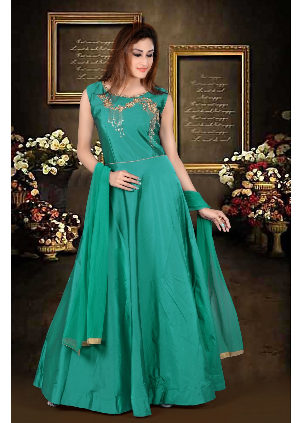 Trendy Peacock Blue Color Heavy Japan Silk Party Wear Anarkali Gown