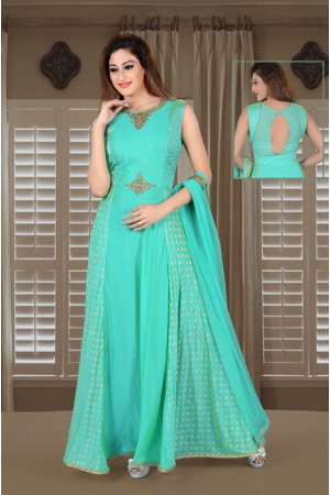 Sea Green Color Chinon Kids Designer Gown (031879444)