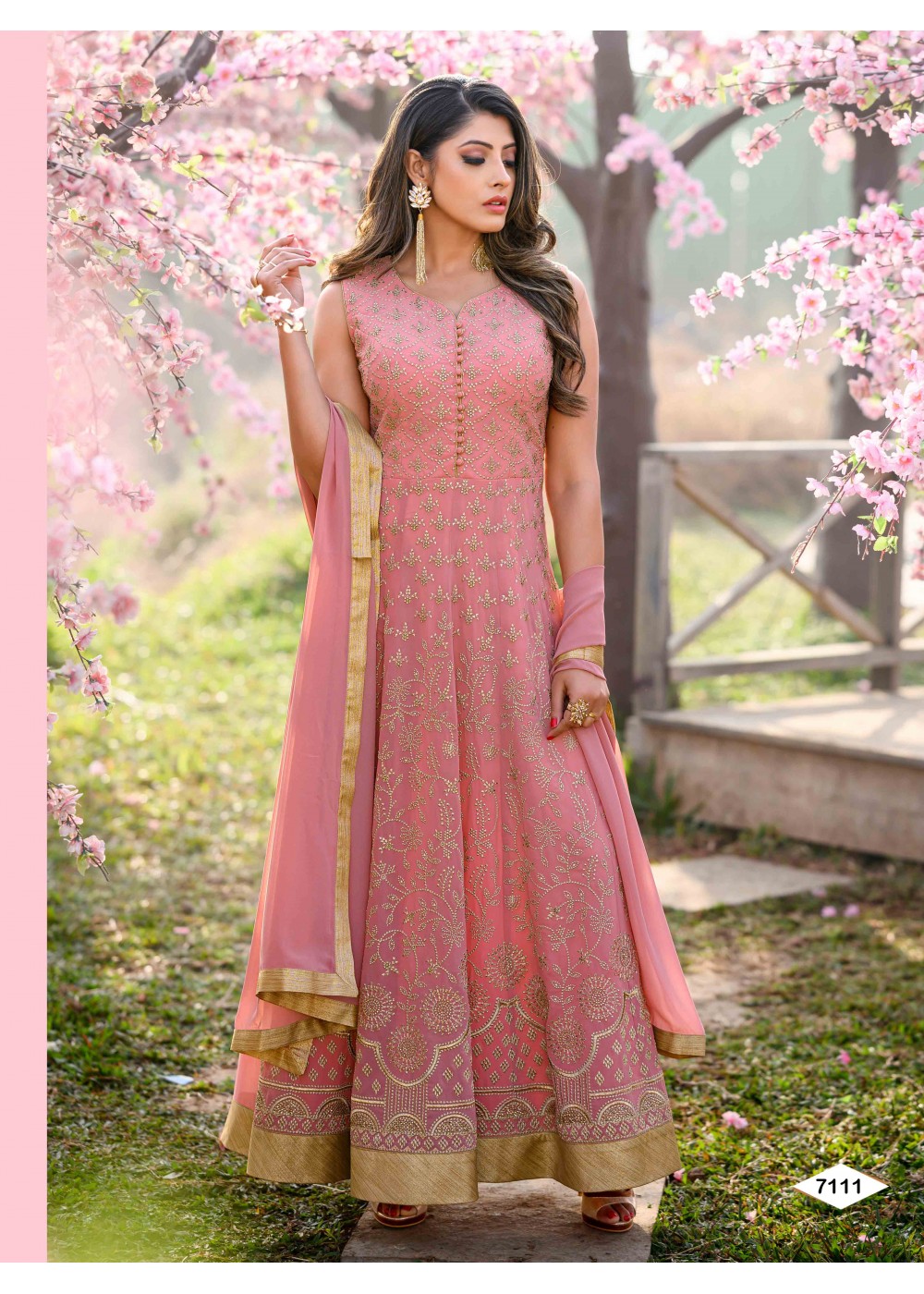 ROSE PINK ANARKALI GOWN SET WITH THREAD WORK AND AN EMBROIDERED NECKLINE  PAIRED WITH A MATCHING NECKLACE DUPATTA. - Seasons India