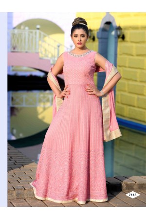BABY PINK THREAD AND SEQUINCE EMBROIDERED WORK GEORGETTE ANARKALI LONG  SALWAR SUIT DUPATTA STITCHED GOWN - SHUBHKALA - 4088795