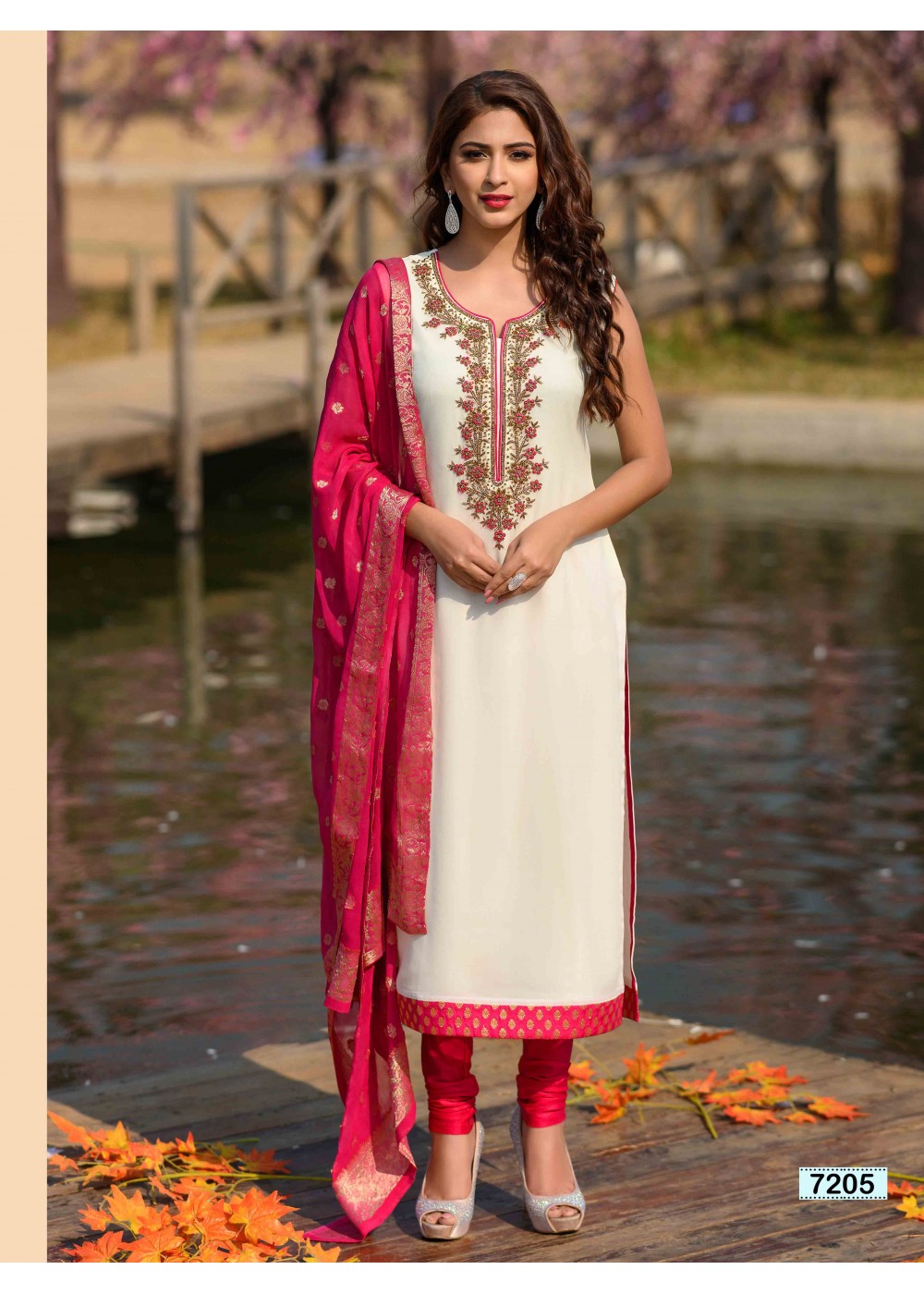 White And Pink Straight Cut Chudidar